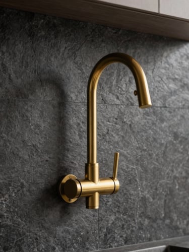 Close-up of premium brushed brass kitchen fixtures against a dramatic dark charcoal stone backsplash, soft natural window light, 35mm