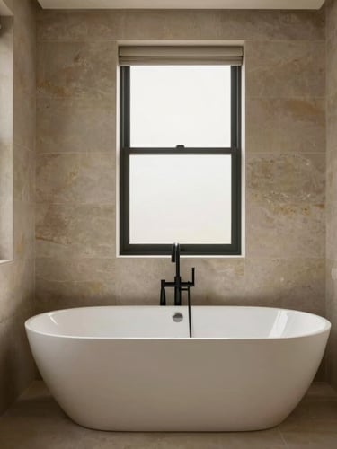 Wide environmental shot of a luxury bathroom sanctuary featuring a freestanding tub, matte black fixtures, and warm neutral stone tiles.
