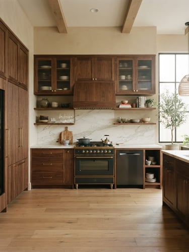 Straight-on architectural elevation of a luxury kitchen with warm linen tones, custom walnut cabinetry, and soft morning light, 35mm