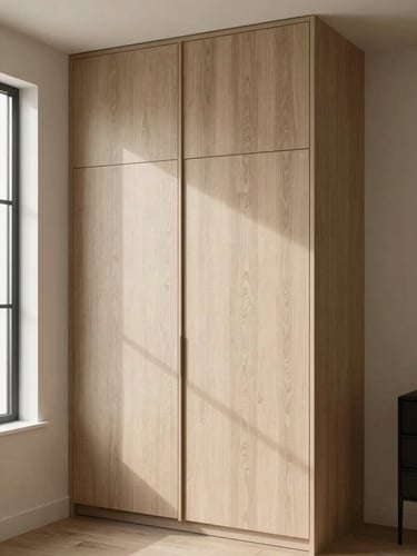 Architectural elevation of custom millwork in a bright Coquitlam home, soft diffused sunlight highlighting the wood grain.