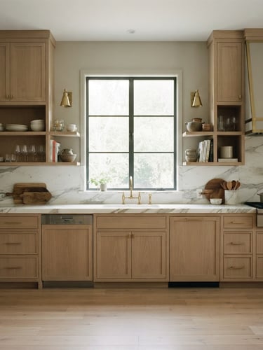 Straight-on architectural elevation of a luxury kitchen with custom white oak cabinetry, mitred marble countertops, and soft natural window light, 35mm