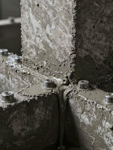 Extreme close-up of raw concrete texture and heavy steel joints, wet concrete pouring into a massive structural foundation mold, low-key dramatic lighting with high-contrast shadows.