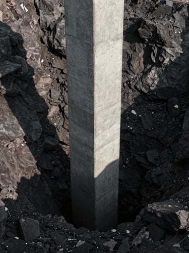 Extremely tall concrete foundation pile descending deep into dark rock, high-contrast shadows, dramatic side light