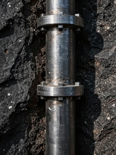 Extreme close-up of a high-capacity steel micropile joint anchored into exposed dark bedrock, high-contrast shadows, industrial precision.