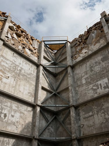Wide environmental shot looking up from the bottom of a massive structural excavation pit, raw concrete retaining walls, heavy steel bracing, overcast sky casting high-contrast shadows.