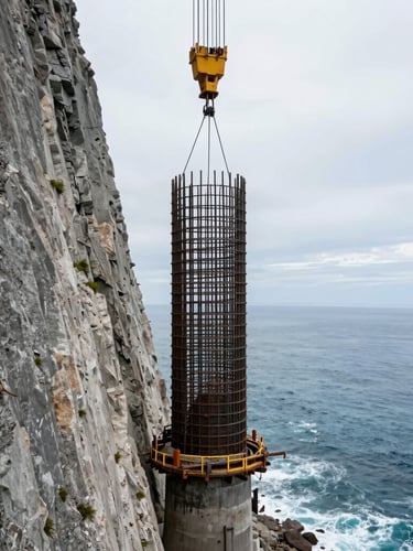 Low-angle dramatic shot of a massive steel rebar cage being lowered into a deep-drilled shaft on a sheer cliffside overlooking the ocean, overcast daylight, raw concrete texture.