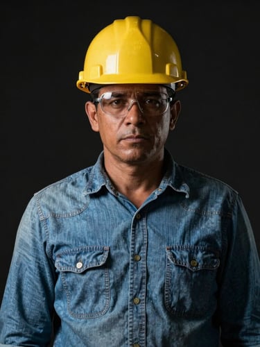 Retrato de medio cuerpo de un minero cooperativo en Colombia con casco y equipo de seguridad limpio, iluminación lateral dramática estilo claroscuro sobre fondo mineral oscuro.