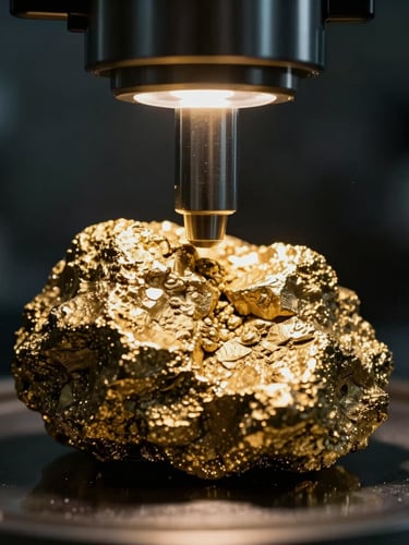 Macro close-up of a high-tech laboratory assaying process, raw gold ore being tested under precise, dramatic side-lighting, focus on geological textures, dark background, high-contrast chiaroscuro.