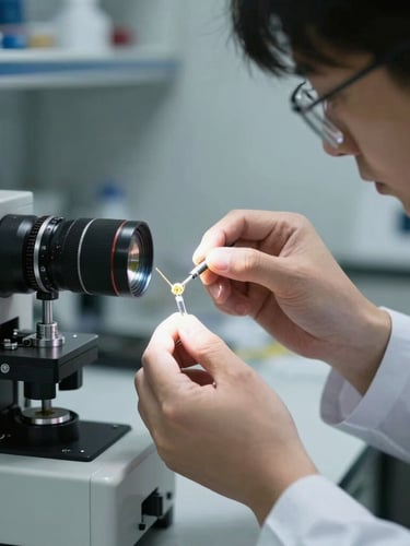 A professional technician in a clean laboratory environment analyzing a gold sample under focused white light, high contrast, technical precision