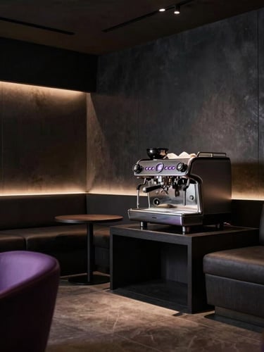 Elegant modern private coffee lounge interior with dark charcoal walls, warm ambient lighting, leather seating, premium espresso machine, minimalist luxury aesthetic