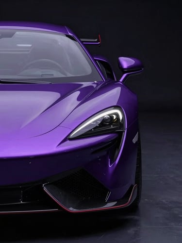 Sleek luxury supercar under dramatic low-key studio lighting with lavender neon reflections, focus on flawless paint finish and sharp body lines, 85mm lens