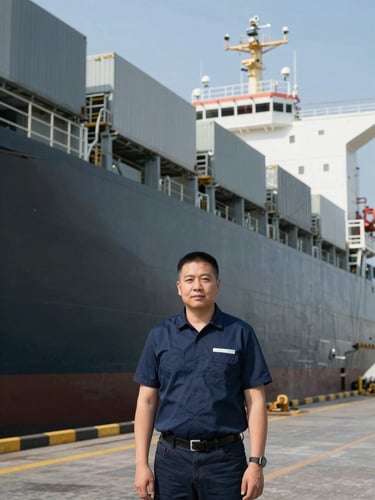 Professional portrait of a maritime logistics manager standing near a docked cargo ship, clear industrial lighting, deep steel grays, 35mm.
