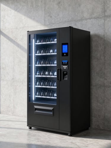 Sleek black smart vending machine integrated seamlessly into a sunlit concrete-walled modern gym, architectural daylight, 35mm.