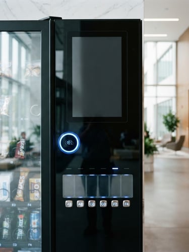 Sleek close-up of a modern black-glass smart vending machine interface, glowing blue tap-to-pay sensor, high-end commercial lobby background, bright natural daylight, 35mm