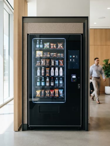 Sleek black-glass smart vending machine integrated seamlessly into a sunlit modern corporate lobby, bright natural daylight, clean minimalist interiors, cool blue accents, high-end commercial aesthetic, 35mm, portrait aspect ratio.