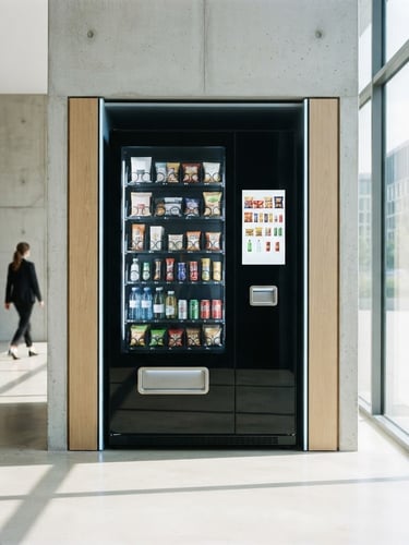 Sleek black-glass smart vending machine integrated into a bright, sunlit modern corporate lobby with concrete walls and minimalist architecture, high-end commercial photography, 35mm