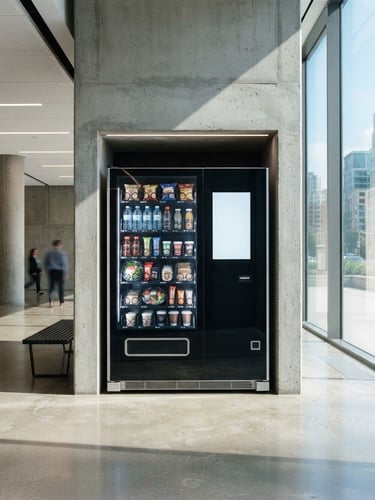 Sleek black-glass smart vending machine integrated seamlessly into a sunlit concrete and glass corporate lobby, architectural daylight, 35mm