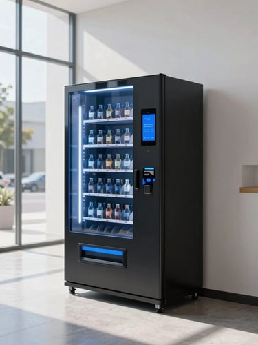Sleek black-glass smart vending machine integrated into a sunlit modern corporate lobby, clean architectural daylight, cool blue accents, high-end commercial aesthetic, 35mm