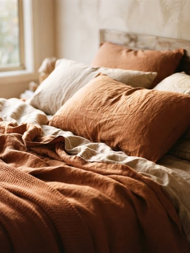 Medium-close shot of rumpled Belgian linen sheets and layered pillows on an unmade bed, soft morning window light, warm terracotta and oatmeal tones, shallow depth of field, 35mm