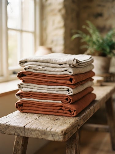 Soft morning light illuminating a stack of neatly folded terracotta and oatmeal linen blankets on a rustic wooden bench, shallow depth of field, 35mm photography.