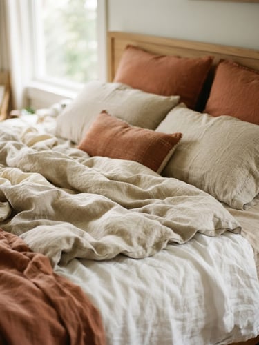 Close-up of a rumpled unmade bed with layered terracotta and oatmeal pillows, soft morning light filtering through a window, shallow depth of field