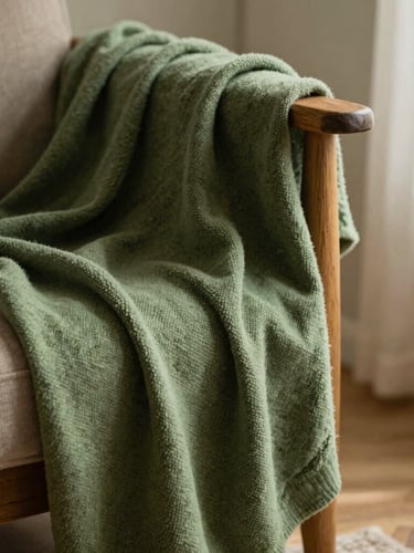 A draped moss-green sofa blanket hanging over a worn wooden chair, warm morning shadows, highly tactile fabric weave close-up