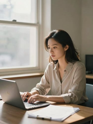 A professional woman working in a sunlit, quiet collaborative workspace, soft window light, warm editorial 35mm photography