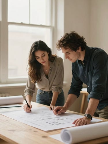 Two professionals collaborating over architectural plans in a warm, cream-walled studio, soft side-lighting from a large window, authentic interaction