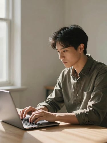 A focused professional in a warm, neutral-toned studio, working on a laptop with soft morning light streaming through a large window, 35mm.