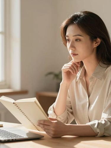 A professional woman in her late 30s working in a sunlit, warm cream-toned workspace, looking thoughtfully at a notebook, soft window light, depth of field