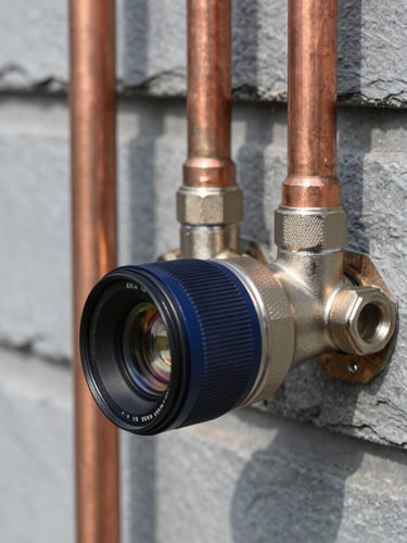 Close-up of clean, professionally welded copper pipes on a slate gray wall, bright natural daylight, high detail, 35mm lens