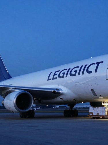 Low-angle shot of a cargo plane loading freight on a twilight runway, cool blue tones, crisp high-contrast lighting, 35mm