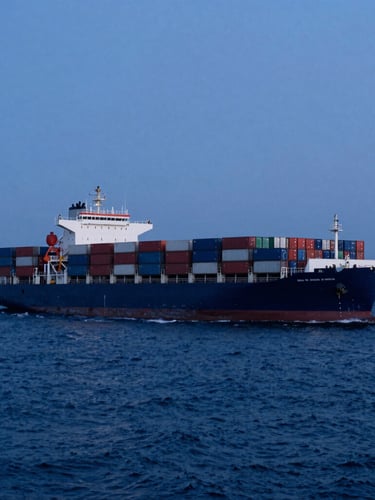 A massive container ship moving through deep blue ocean water at twilight, wide-angle cinematic scale, cool blue tones, 35mm
