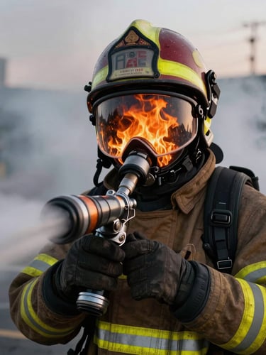 Close-up of a firefighter in reflective turnout gear holding a pressurized water nozzle at dusk, dramatic orange flames reflecting on the visor, thick smoke in background.