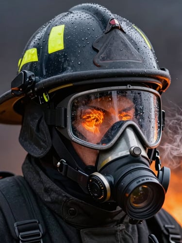 Close-up of a firefighter's helmet and tactical breathing apparatus, water droplets vaporizing on the visor, intense orange glow of fire reflected in the glass, dark smoky background.