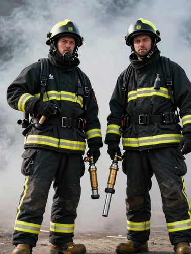 Two military firefighting instructors standing side-by-side in heavy black turnout gear with reflective yellow strips, holding a pressurized brass nozzle, dramatic low-angle shot with smoke, high contrast
