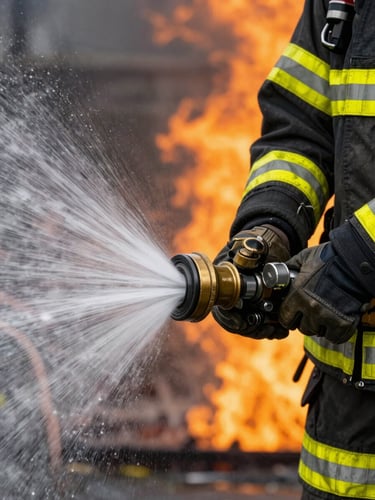 Close-up of a firefighter's gloved hand adjusting a heavy brass hose nozzle, water mist spraying, reflective yellow stripes on dark turnout gear catching the orange glow of a controlled fire.