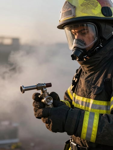 Close-up of a firefighter in full turnout gear with reflective strips catching dramatic dawn light, holding a pressurized safety valve, thick training smoke in the background.