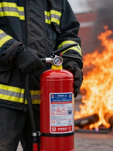Close-up of a trainee in full fire-retardant gear operating a heavy industrial dry chemical extinguisher, direct orange glow of controlled fire in the background, sharp focus on the safety valve and pressure gauge.
