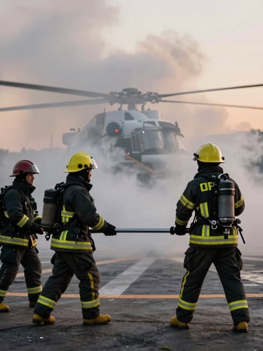 Wide environmental shot of firefighters in full tactical turnout gear with reflective strips, holding a pressurized nozzle during a live-fire helipad training simulation at dusk, thick dramatic smoke in the background.