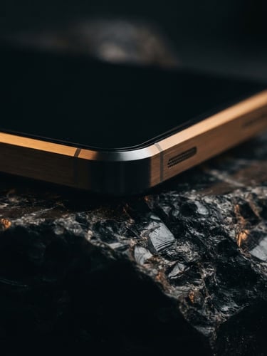 Moody low-key studio shot of a sleek metallic gadget edge resting on dark textured obsidian stone, dramatic side-lighting, amber highlights, 85mm lens