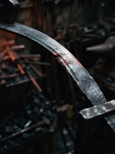 Macro shot of a high-carbon steel sword blade bent under severe stress test in a dark workshop, cold metallic highlights, 35mm film grain