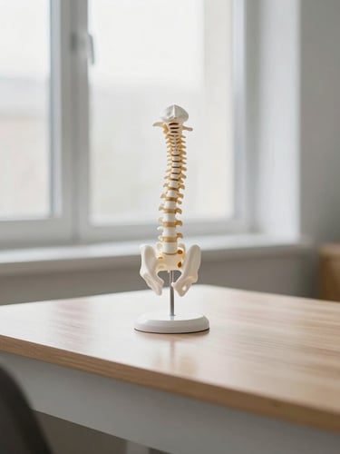 A serene clinical office with soft natural window light, a wooden desk with a spine model, muted slate and warm white tones, shallow depth of field