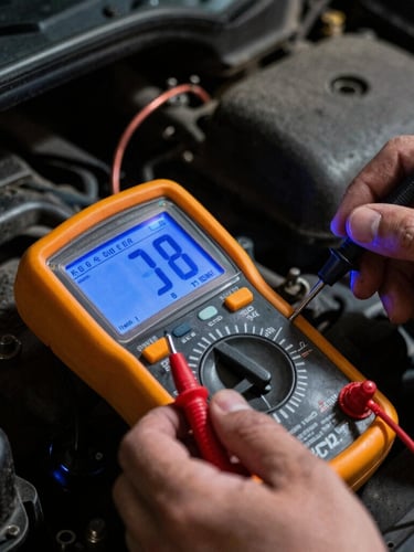 Close-up of an automotive multimeter testing copper wiring under a car hood, intense electric blue and orange diagnostic screen glowing, sharp focus on hands holding probes, deep shadows, gritty workshop environment.