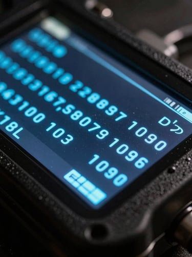 Close-up of a high-tech automotive scanner screen displaying diagnostic code lines, glowing electric blue in a dark workshop, gritty texture, macro lens