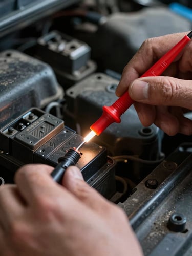 Hands of a technician checking a car's fuse box with a test light, glowing orange filament, gritty workshop environment, macro focus