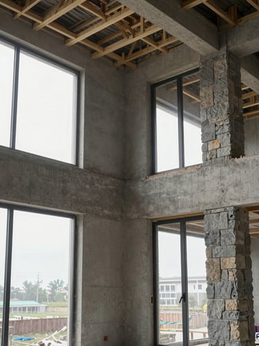 Wide environmental interior of a high-end residential construction site mid-execution, structural framing visible overhead, raw concrete walls transitioning to finished stone cladding on the right, overcast north-facing light flooding through tall window openings, no people, dust particles faintly visible in the air, sharp documentary framing