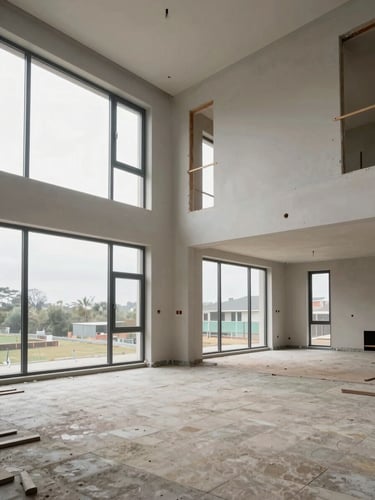 Wide environmental interior shot of a high-ceiling residential space mid-construction — raw framing exposed on one wall, finished stone flooring being laid in the foreground, overcast north-facing light flooding through floor-to-ceiling window openings, no people, sharp documentary framing