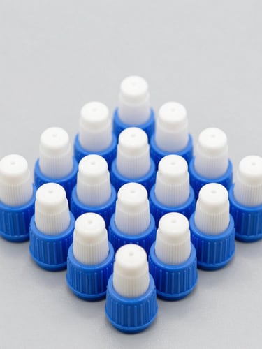 Macro photography of blue and white plastic dropper caps arranged in a precise geometric grid, high-key studio lighting, clean slate grey background, sharp details