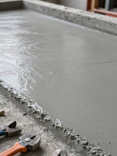 Close-up of freshly poured and finished industrial concrete surface, smooth troweled finish with visible aggregate at edges, overcast Montreal daylight, construction tools in foreground, no people